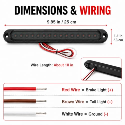 Smoke Lens Red 15 LED Trailer Brake Tail Light, 10" LED Bar Stop Turn Tail Lights Waterproof Third 3rd Brake Strip Red Light for Marine Boats Golf Cart Offroad Truck RV UTV ATV - color: Smoke Lens