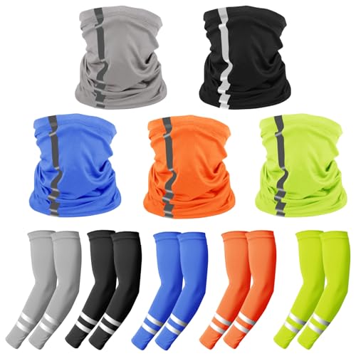 10 PCS UV Protection Reflective Strap Arm Sleeves and Neck Gaiter Reflective Safety Bandana for Outdoor Activities - color: Fluorescent Yellow + Fluorescent Orange + Blue + Black + Light Gray