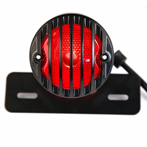 Motorcycle Black Grille Ribbed Round LED Tail Brake Light Red Lens For Integrated License Plate Lamp Fit Bobber Chopper Cruiser Street Bike - color: Black 5