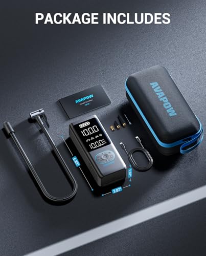 AVAPOW Portable Tire Inflator, 150 PSI Cordless Air Compressor with Digital Gauge, 3.7″ LCD, Auto Shut-Off, Fast Inflation, USB-C Rechargeable PD 20W for Cars, Bikes, Motorcycle & Emergencies