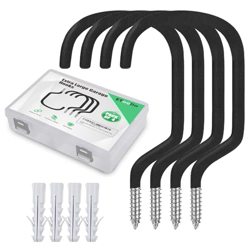 4 Pack Heavy Duty Extra-Large Garage Storage Utility Hooks - 8 Inches for Garage Wall and Ceiling - Garage Hooks for Hanging Bicycle, Ladder, Hose, Cords, and Garden Tools - color: Extra Large Bike Hook Black
