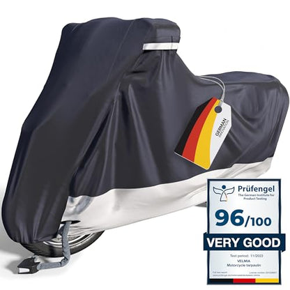 VELMIA Motorcycle Cover - Extremely Heat Resistant up to 550F, Waterproof for All Seasons, Fits Motorcycles, Scooters, Mopeds & Harleys - size: [L] 91 x 39 x 49 in