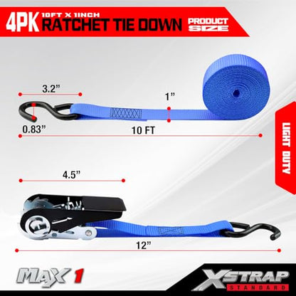 XSTRAP STANDARD Ratchet Tie Down Straps 4 Pk 10 Ft- 300 Lbs Load Cap- 900 Lbs Break Strength-Cargo Straps for UTV, ATV, Pickup,Truck, Moving Appliances, Lawn Equipment, Blue - color: Blue, size: 4pk 1inchx10ft