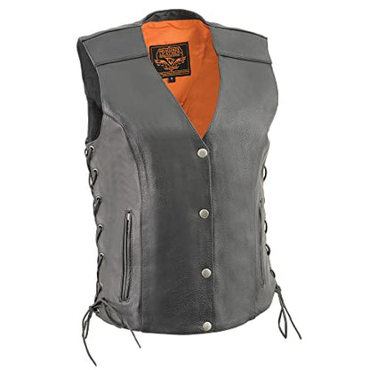 Milwaukee Leather Women's Black Leather Classic V-Neck Side Lace Motorcycle Rider Vest W/Front Snap Closure MLL4500 - size: Large