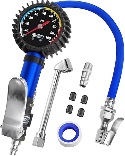 Tire Inflator with Pressure Gauge and Longer Hose - Most Accurate, Heavy Duty Air Chuck with Gauge for Air Compressor Tire Inflator Attachment - 100PSI