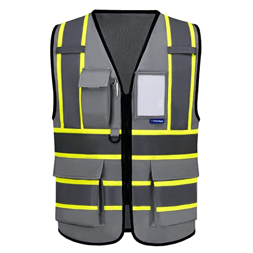 AYKRM 11 color High Vis Reflective Safety Vest for Women Men Pocket Zipper ANSI/ISEA Standard - color: Grey, size: XX-Large