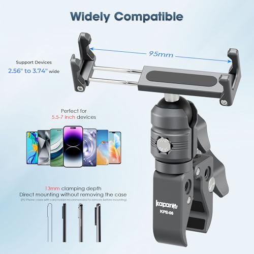 Motorcycle Phone Mount, Handlebar Clamp Base Fits 0.5"-2" Diameter Bars, 25mm Ball Head & Aluminum Socket Arm, 360° Rotatable, Universal for iPhone/Android Phones Width 2.56"-3.74"(KPS-07) - color: KPS-07
