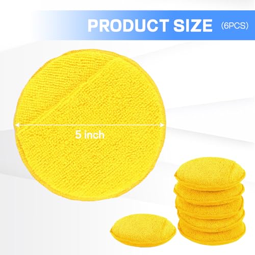 Hovom 6PCS Microfiber Wax Applicator, 5" Round Applicator Pads, Soft Automotive Waxing Foam Pads, Buffing Pads for Car Cleaning, Polishing and Detailing, Reusable Car Wash Sponge (Yellow) - color: Yellow