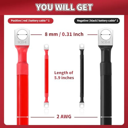 2 AWG Battery Cable 2 Pcs, 5.9 Inch Battery Cables with M8 Ring Terminals, Marine Battery Cables Pure Copper, Battery Ground Cable for Motorcycle, Car, Truck, Rv, Boat - size: M8/5.9INCH/2AWG