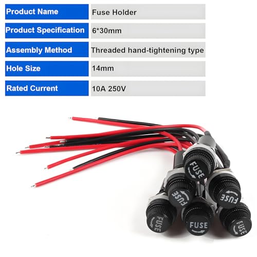 6pcs Panel Mounted Fuse Holder,with pre-Welded 18AWG Leads Measuring 6" Length,6 * 30mm 10A 250VAC / 15A 125VAC Equipped with 12pcs(6 * 10A+6 * 15A) Fast Blowing Glass Tube fuses - style: wired-6*30mm