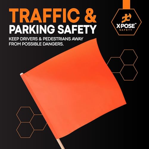 Xpose Safety Orange Vinyl Safety Flags 18" x 18" with 28" Wooden Staff, 12 Pack – High Visibility Warning Flags for Road Crews, Construction Zones, Parking Lots & Emergency Response - size: 28" Wooden Stick
