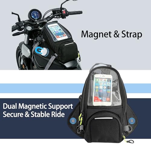 Motorcycle Tank Bag with Phone Holder, Magnetic & Strap Mount Motorcycle Tank Bag for Plastic/Metal Gas Tanks, Waterproof Touchscreen Tank Bag Fits Phones Under 6.3”, Riding Storage Bag