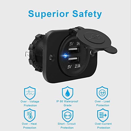 Riseuvo 2 Pack USB Charger Socket - 12v Dual USB Power Outlet 2A/1A Power Adapter for Car Marine Motorcycle ATV RV, with Wire Fuse DIY Kit