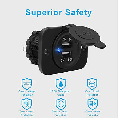 Riseuvo 2 Pack USB Charger Socket - 12v Dual USB Power Outlet 2A/1A Power Adapter for Car Marine Motorcycle ATV RV, with Wire Fuse DIY Kit