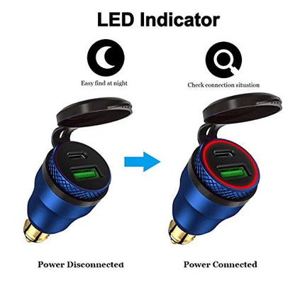 iMESTOU Aluminum 30W Power Delivery DIN Power Plug Charger to USB C and Quick Charge USB 3.0 Motorcycle DIN Adapter Waterproof Fits for Hella 12V-24V DIN Socket/BMW Ducati Triumph - color: blue