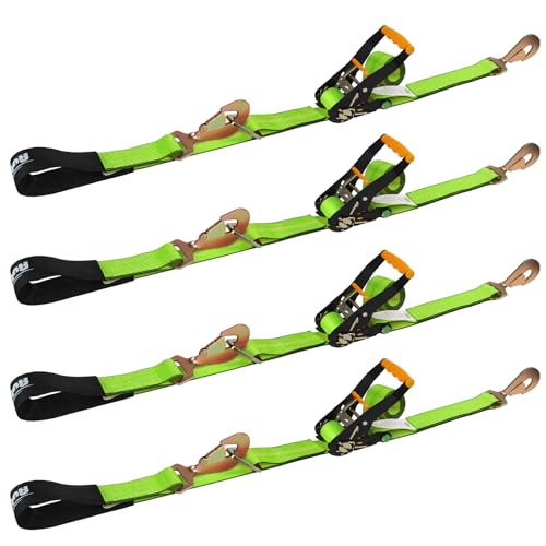 Heavy Duty 4 Pack Axle Tie Down Straps for Trailers-2" x 114" Car Hauler Straps with Snap Hooks-10,000 lbs Break Strength, 3300 lbs Capacity - DOT Certified Wheel Ratchet Tie Downs (Green) - color: Hi Viz Green