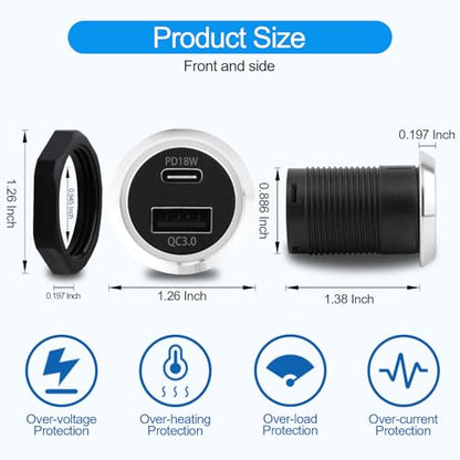 RV USB Outlet 12V Wall Mount, Dual USB Quick Charge 3.0 Port & PD USB C Charger, 12V/24V Automotive Outlet Socket Adapter for RV Marine Boat Bus ATV Motorcycle Truck(Round,2 Pack)