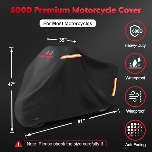 Comnova Motorcycle Cover 81 Inch - 600D Outdoor Motorbike Cover Waterproof with Lock Hole, Universal Fit for Harley, Honda, Kawasaki, Full Protection, Moped Covers for Motorcycle Vehicle Up to 81" - size: Basic - 81 Inch