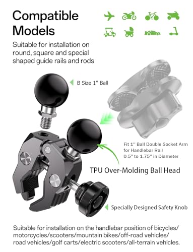 LOKTENWO Anti-Theft Dual Double 1" Ball Tough-Claw Mount, Aluminum Handlebar Clamp Fits 0.5"-1.75" Bars, Compatible with RAM B Size Socket Arm, Dual Device Motorcycle ATV GPS Camera Holder Base