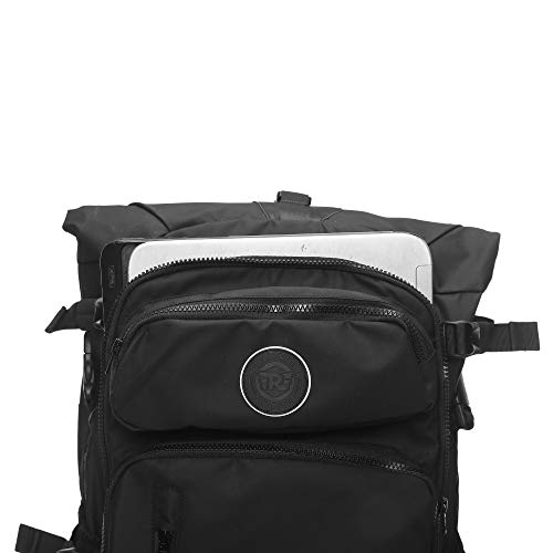 Royal Enfield Roll Top Backpack Black Waterproof 100% Polyester Motorcycle Bag Heavy-Duty Adventure Backpack Large Capacity Travel Pack for Bikers Hiking Camping Touring Outdoor Commuting