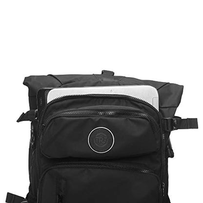 Royal Enfield Roll Top Backpack Black Waterproof 100% Polyester Motorcycle Bag Heavy-Duty Adventure Backpack Large Capacity Travel Pack for Bikers Hiking Camping Touring Outdoor Commuting