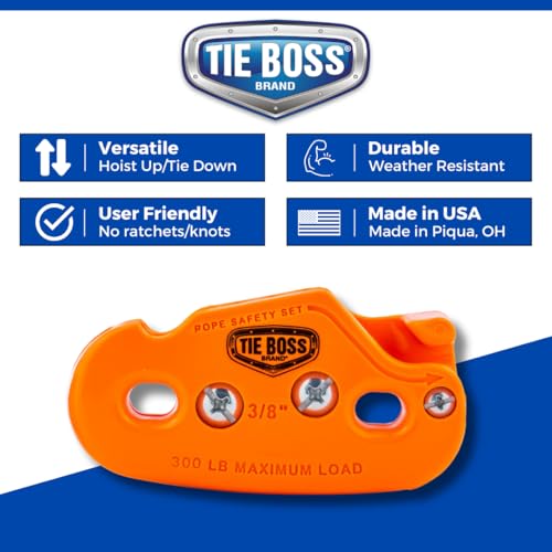 Tie Boss - 3/8 Inch, Heavy Duty, (300 lbs Working Load Limit), Weather Resistant, Tie Down, Rope Tightening System, (w/15 ft Rope) - Orange - color: Orange