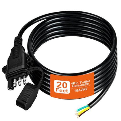 18AWG 20FT 4 Pin Trailer Connector Pure Copper 4 Pin Trailer Wiring Harness Jacketed Cable Heavy Duty Male Extension Wiring Harness 4 Wire 4-Flat Connector 4 Way Flat Plug with Dust Cover - size: 20 Ft 18AWG