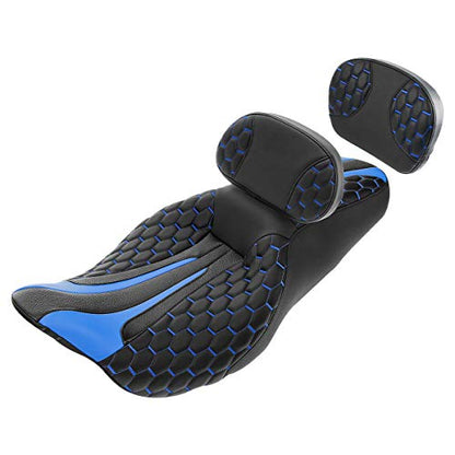 C.C. RIDER Classic Motorcycle Touring Seat Set- Passenger Backrest PAD Rider Sissy Bar for Harley Davidson Touring Road King Street Glide Road Glide Electra Glide CVO 2009-2023 - color: Black Blue Rider Seat + Backrest