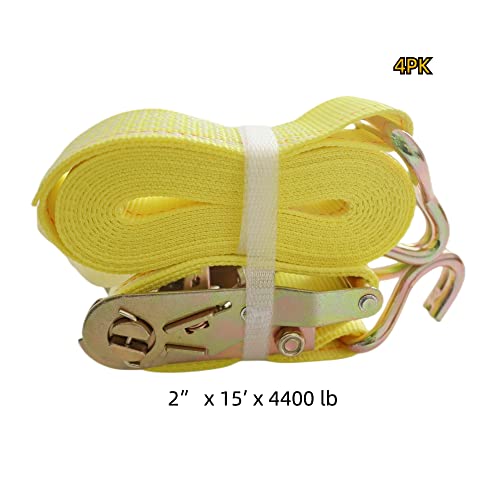 Ratchet Straps Tie Down Straps Heavy Duty (4PK) 2" x 15' x 4400 lbs J Hook Cargo Tie-Downs Straps for Motorcycle, ATV, UTV, Trailer