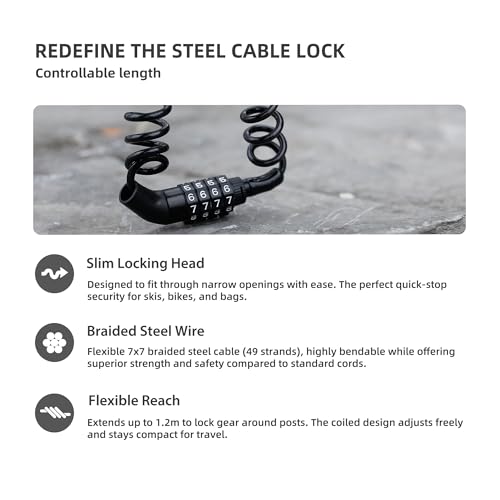 Small Retractable Cable Lock with Code, 4 Digit Combination Lock Outdoor Travel Essentials for Ski Snowboard, Luggage, Suitcase, Motorcycle Helmet, Kids Bike, Stroller Anti Theft, 2-Pack - color: Black+Black