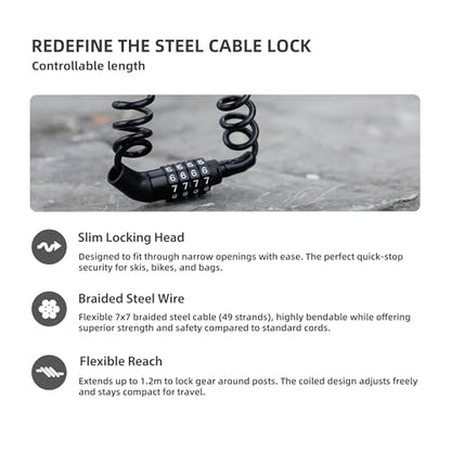 Small Retractable Cable Lock with Code, 4 Digit Combination Lock Outdoor Travel Essentials for Ski Snowboard, Luggage, Suitcase, Motorcycle Helmet, Kids Bike, Stroller Anti Theft, 2-Pack - color: Black+Black