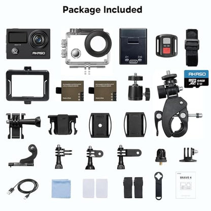 AKASO Brave 4 Action Camera 4K 30fps with 64GB MicroSD U3 Card Bicycle Helmet Accessories Kit Bundle, 20MP Ultra HD 131FT Waterproof Underwater Camera EIS WiFi Remote Control 5X Zoom Sport Cameras