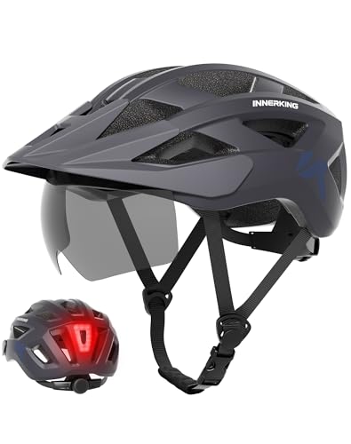 Bike Helmet for Adults, Lightweight Mountain Bicycle Helmet with USB Rechargeable Rear Light Detachable Magnetic Goggles, Road Bike Cycling Helmet with OTG Visor for Men Women - color: Grey, size: Medium