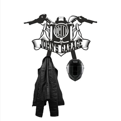 Personalized Metal Motorcycle Wall Hanger – Custom “Your Name Garage” Helmet and Jacket Rack – Handmade Black Steel Wall Art for Bikers and Motorcycle Lovers (89X60cm/35X23 Inches) - size: 89X60cm/35X23 Inches
