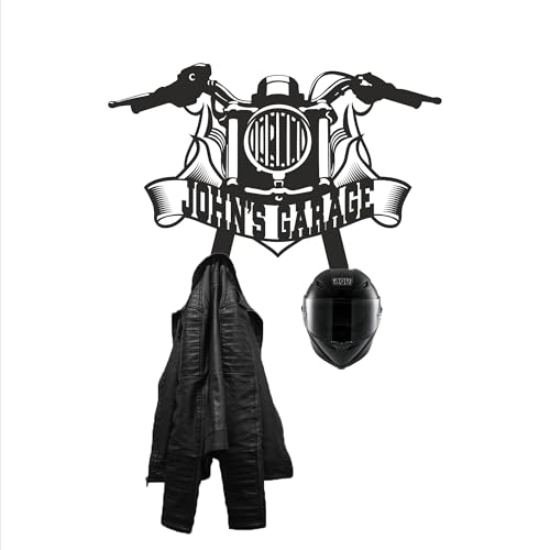 Personalized Metal Motorcycle Wall Hanger – Custom “Your Name Garage” Helmet and Jacket Rack – Handmade Black Steel Wall Art for Bikers and Motorcycle Lovers (59X40cm/23X20 Inches) - size: 59X40cm/23X20 Inches