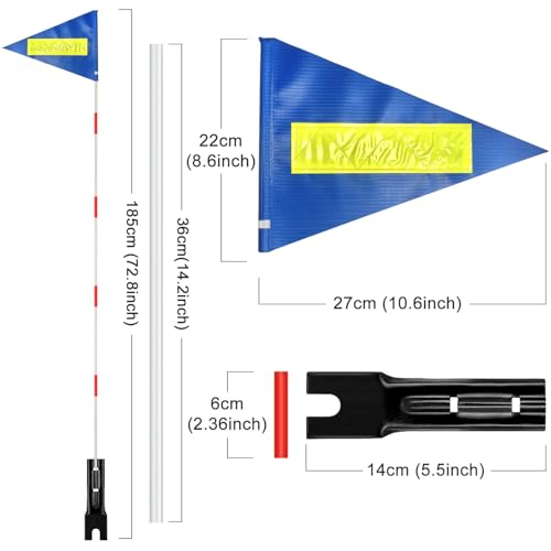 2 Pcs Bike Flag with Pole 6-Feet Adjustable Height Heavy Duty Fiberglass Pole Polyester Tear-Resistant Waterproof Safety Flag(Blue with Reflective Strip) - color: 2 Pcs Blue with Reflective