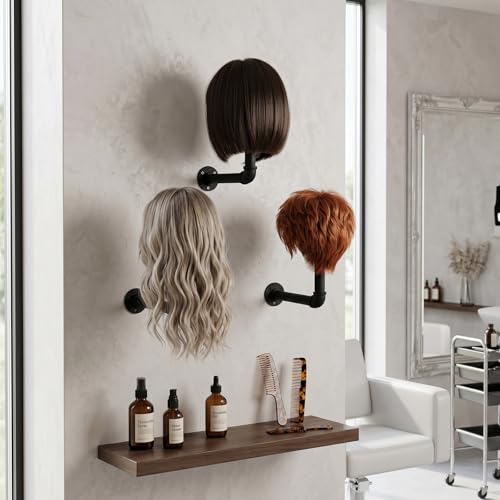 MyGift 3 Pcs Cowboy Hat Holder on Wall, Hat Rack Hooks, Wig Display Helmet Collection Organizer, Baseball Cap Hanger Entryway Bedroom, Realistic Black Metal Pipe Brown Wood - color: Industrial Style