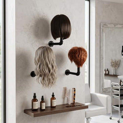 MyGift 3 Pcs Cowboy Hat Holder on Wall, Hat Rack Hooks, Wig Display Helmet Collection Organizer, Baseball Cap Hanger Entryway Bedroom, Realistic Black Metal Pipe Brown Wood - color: Industrial Style