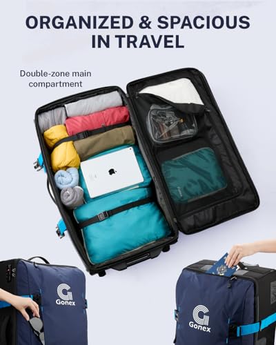 Gonex Rolling Duffle Bag with Wheels, Water-repellent 90L Nylon Large Wheeled Travel Duffel Luggage with TSA Lock & Telescopic Handle 30 inch, Dark Blue - color: Dark Blue, size: 30 inch