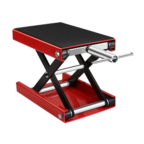 Motorcycle Lift - 1100 LBS Motorcycle Scissor Lift Jack Table with Wide Deck & Safety Pin, 3.7"-14" Heavy Duty Steel Motorcycle Table Lift Jack for Bikes ATVs Garage Repair Center Stand Lift Jack, Red