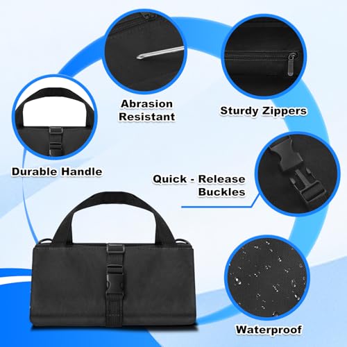 Roll up Tool Bag, Heavy Duty Portable Tool Organizer with Waterproof Oxford Cloth and Zipper Pouch, Rollable Carrying Storage for Mechanics Electricians and Repairmen, Black