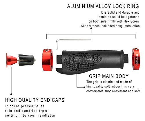 TOPCABIN Ergonomic Bike Grips - Widen Holding Rubber Grips with Aluminum LockGrips for Mountain & Road Bikes - color: (Aluminum lock plug+Grips) Red 1 Pair
