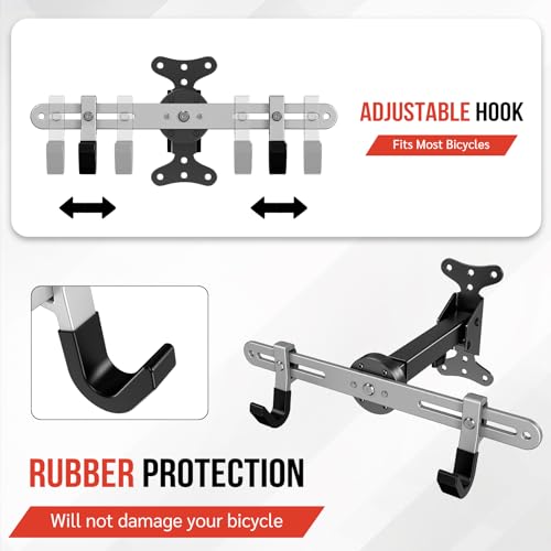 Heavy-Duty Bike Wall Mount for Garage Aluminum Alloy & Steel Folding Bicycle Rack,360° Rotation,Adjustable Hook, 66lbs Capacity Horizontal Indoor Bike Storage, for Road Mountain Hybrid Bikes - size: 1 PACK
