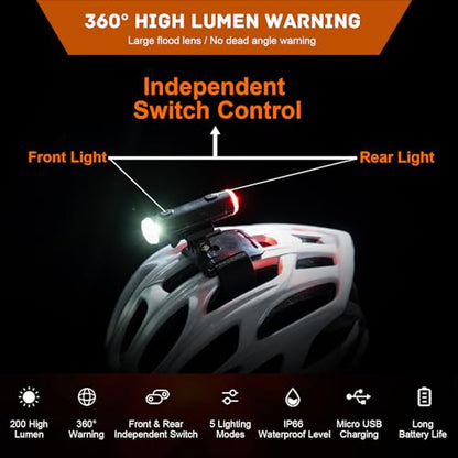 2in 1 Rechargeable Helmet Light with Bracket Mount Night Bike Light Riding Safety 5 Warning Light Modes IP66 Waterproof Bicycle Light, 360° Rotatable Front Rear Lights, Mountain Bike Headlight