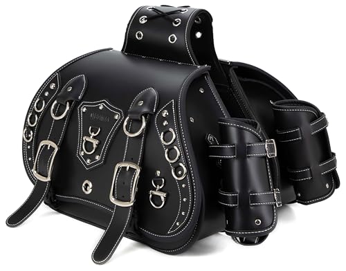 High-density Leather Motorcycle Saddlebags-Throw Over Saddle bags,Panniers Side Bags with cup holder ，Waterproof, Side Tool Bag,Storage Tool Bag for Motorbike,Universal,1Pair, L (Black9) - color: Black9