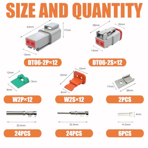 104PCS 2 Pin Way Deutsch DT Gray Connector 12 Set,Size 16 Stamped Contacts 14-20AWG Waterproof Electrical Wire Connector with Seal Plug for Truck, Off-Road Vehicles, Marine, Motorcycle Wiring - size: 2 Pin (12set)