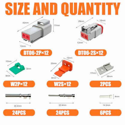 104PCS 2 Pin Way Deutsch DT Gray Connector 12 Set,Size 16 Stamped Contacts 14-20AWG Waterproof Electrical Wire Connector with Seal Plug for Truck, Off-Road Vehicles, Marine, Motorcycle Wiring - size: 2 Pin (12set)