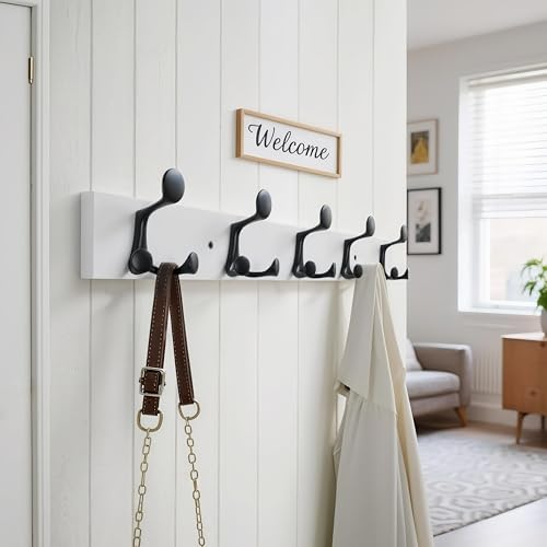 WEBI Coat Rack Wall Mount,30" Solid Wood Coat Hooks Wall Mounted Coat Hanger,16" Hole to Hole,Heavy Duty Hook Rack Rail,5 Triple Hooks for Hanging Coats,Jacket,Clothes,Hat,Backpack,White - color: White, size: 30 Inch