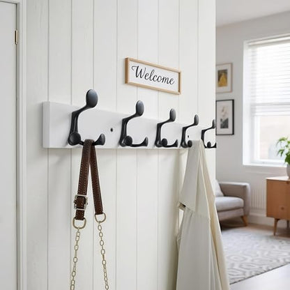 WEBI Coat Rack Wall Mount,30" Solid Wood Coat Hooks Wall Mounted Coat Hanger,16" Hole to Hole,Heavy Duty Hook Rack Rail,5 Triple Hooks for Hanging Coats,Jacket,Clothes,Hat,Backpack,White - color: White, size: 30 Inch