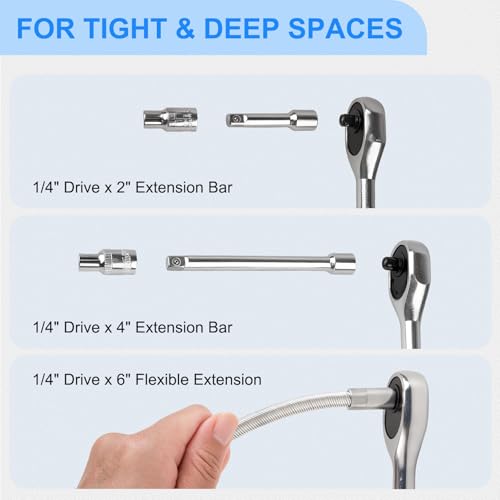 46PCS 1/4 Inches Ratchet Socket Wrench Set, Metric Socket Ratchet Wrenches Set, Ratcheting Wrench Tool Sets for Men, Premium Small Car Tool Kit for Automotive, Household Maintenance and Repairs